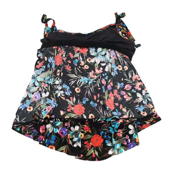 Aqua Green Tankini Top Womens Plus Size 22W Black Floral Triple Tiered Ruffles - Picture 7 of 12